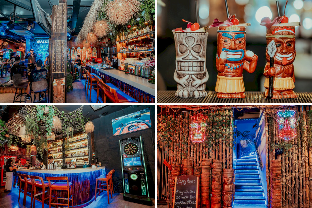 一個獨特而充滿活力的提基酒吧，配有竹燈籠和迷人的提基雕像